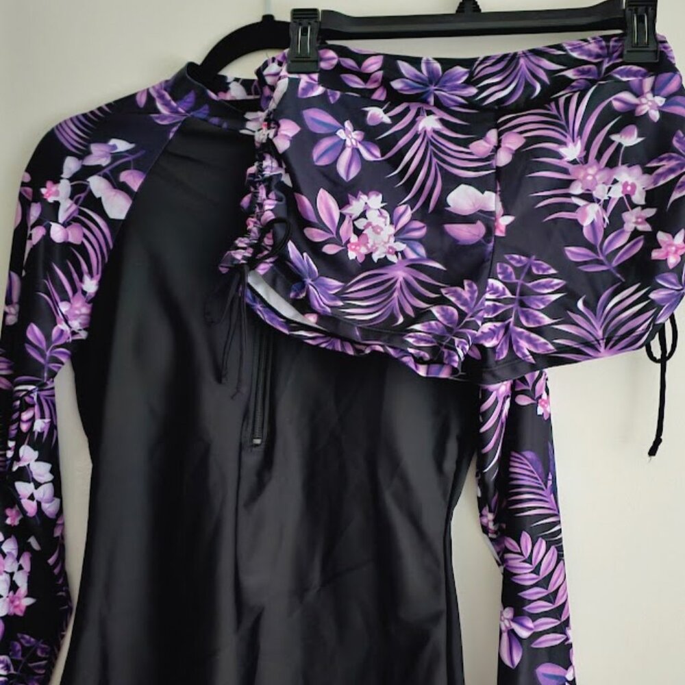 Black & Purple Floral Two-Piece Long Sleeve Swimsuit (Size M)